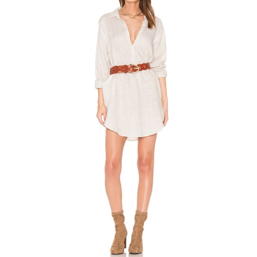 CP Shades Teton Linen Tunic Dress Patch Pockets Long Sleeve V Neckline White S‎